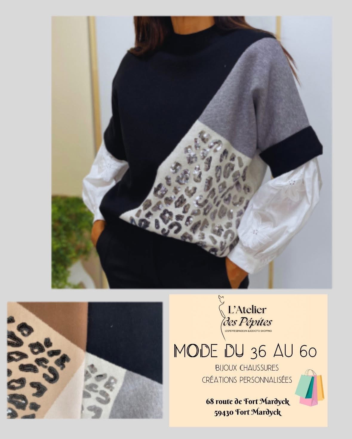 Pull femme patchwork léopard pailleté – Bimatière – Tailles S/M ou L/XL
