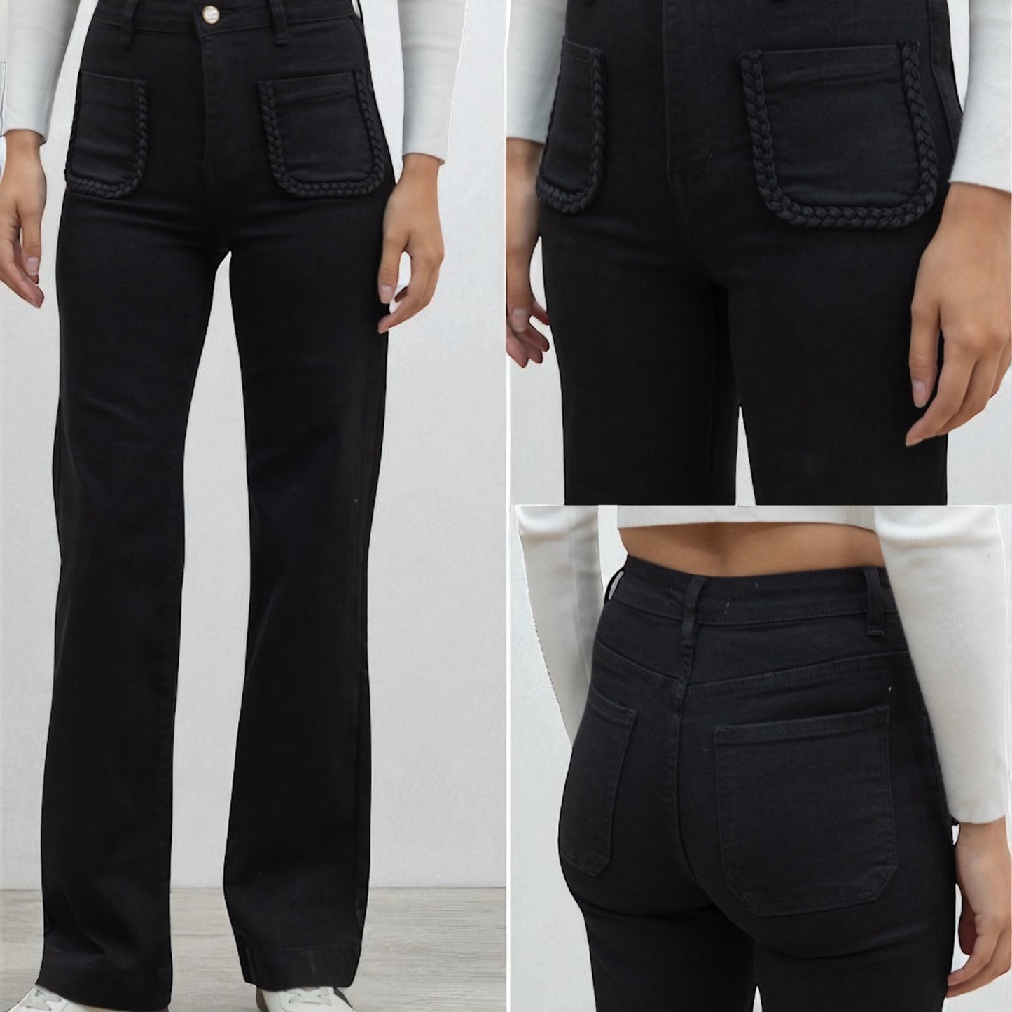 Jeans femme noir coupe droite – Poches tressées – Tailles XS à XL