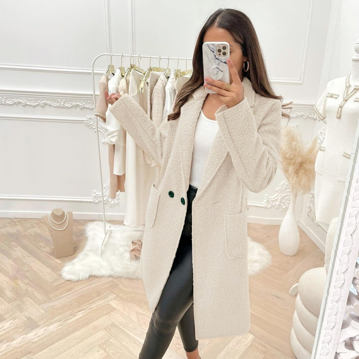 Manteau long femme en laine bouillie – Taille unique 36/44