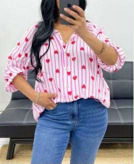 Chemise rayée à cœurs – Gaze de coton