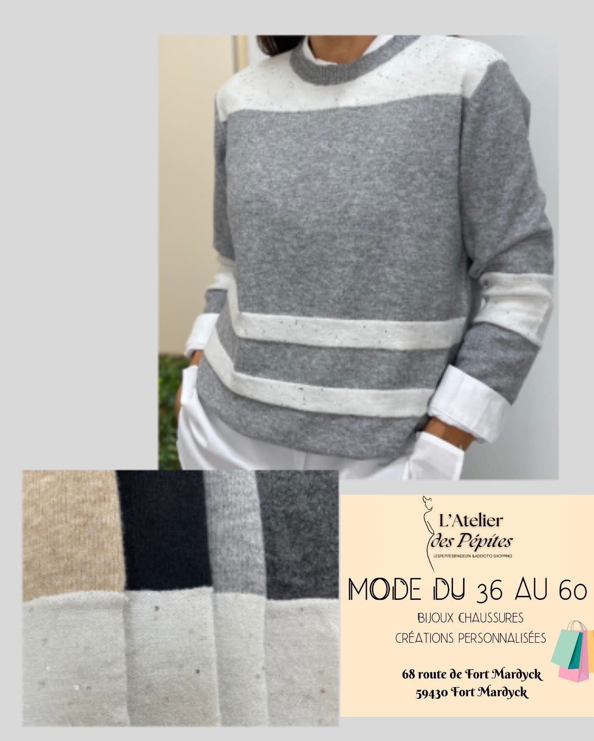 Pull femme color block rayé – Style moderne – Tailles S/M et L/XL