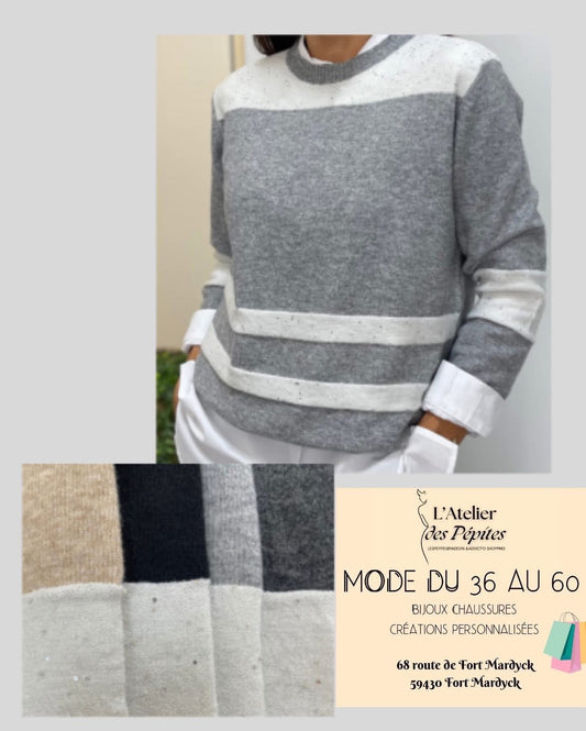 Pull femme color block rayé – Style moderne – Tailles S/M et L/XL