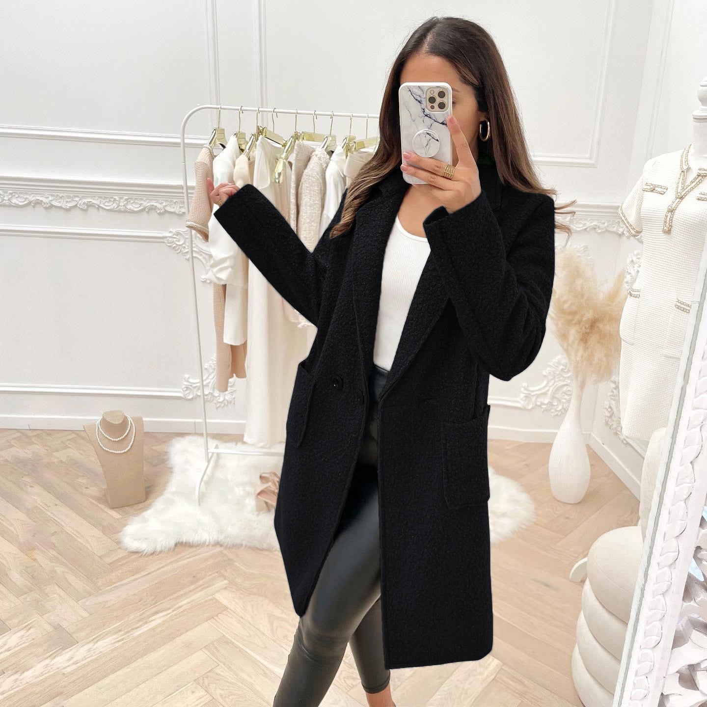 Manteau long femme en laine bouillie – Taille unique 36/44