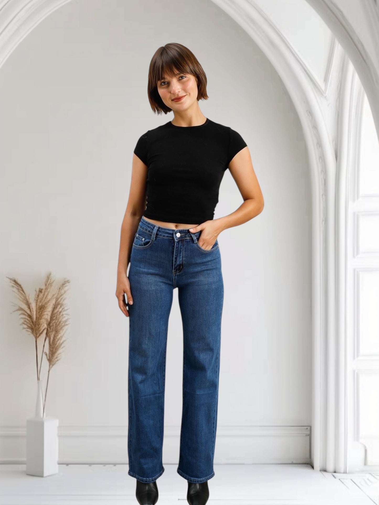 Jean bleu wide leg taille haute – Poches effilochées stretch