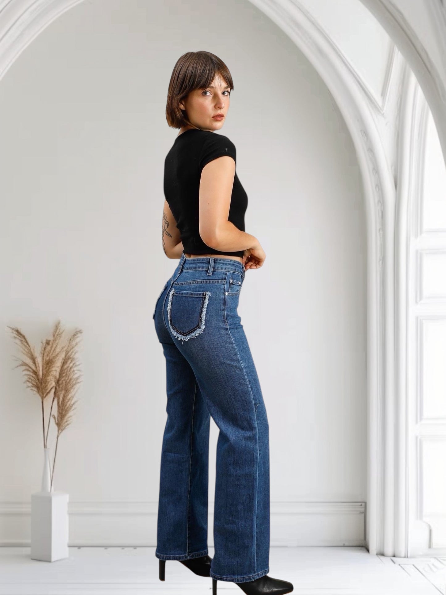 Jean bleu wide leg taille haute – Poches effilochées stretch