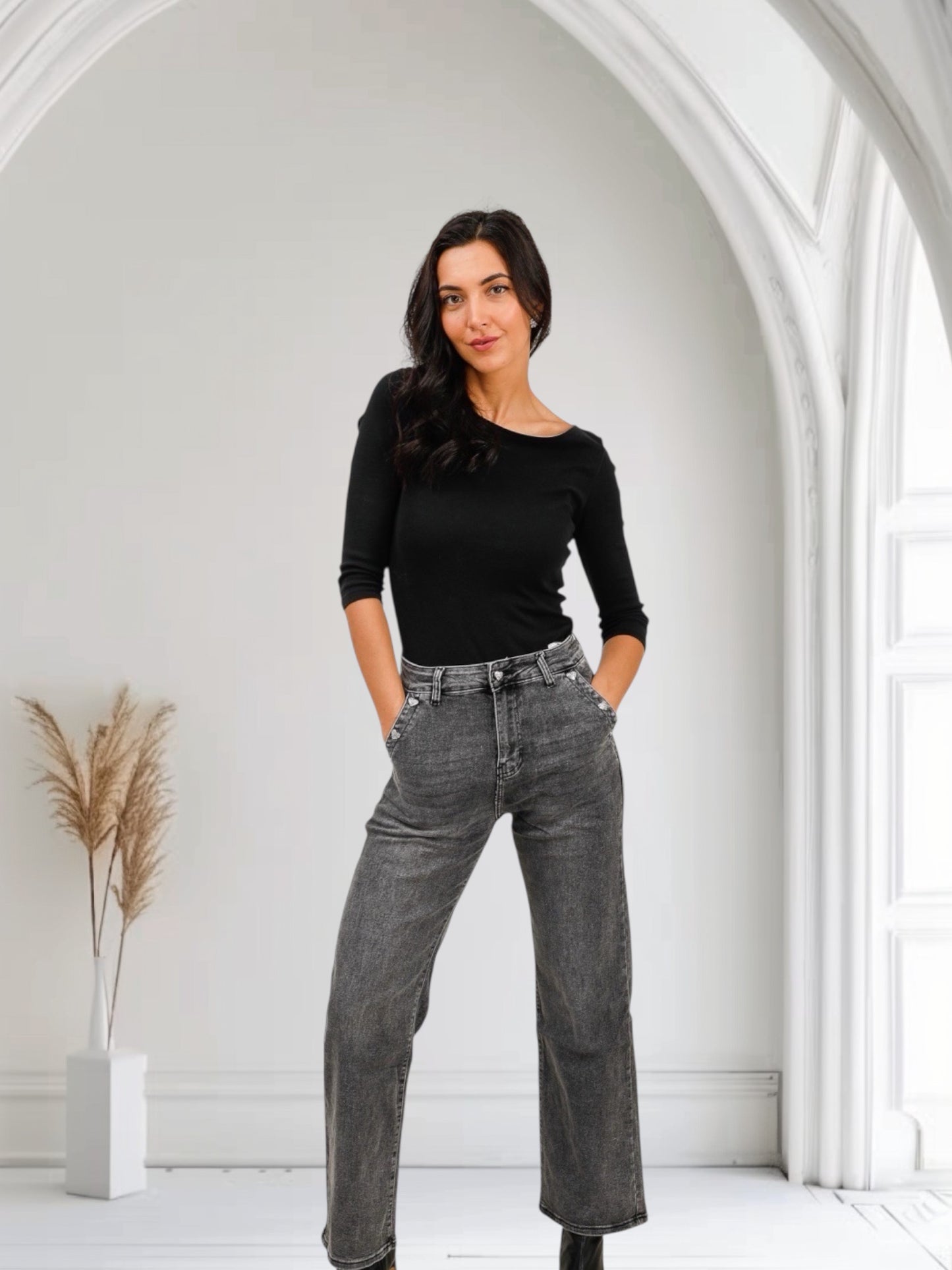 Jean gris wide leg taille haute – Boutons strass cœur