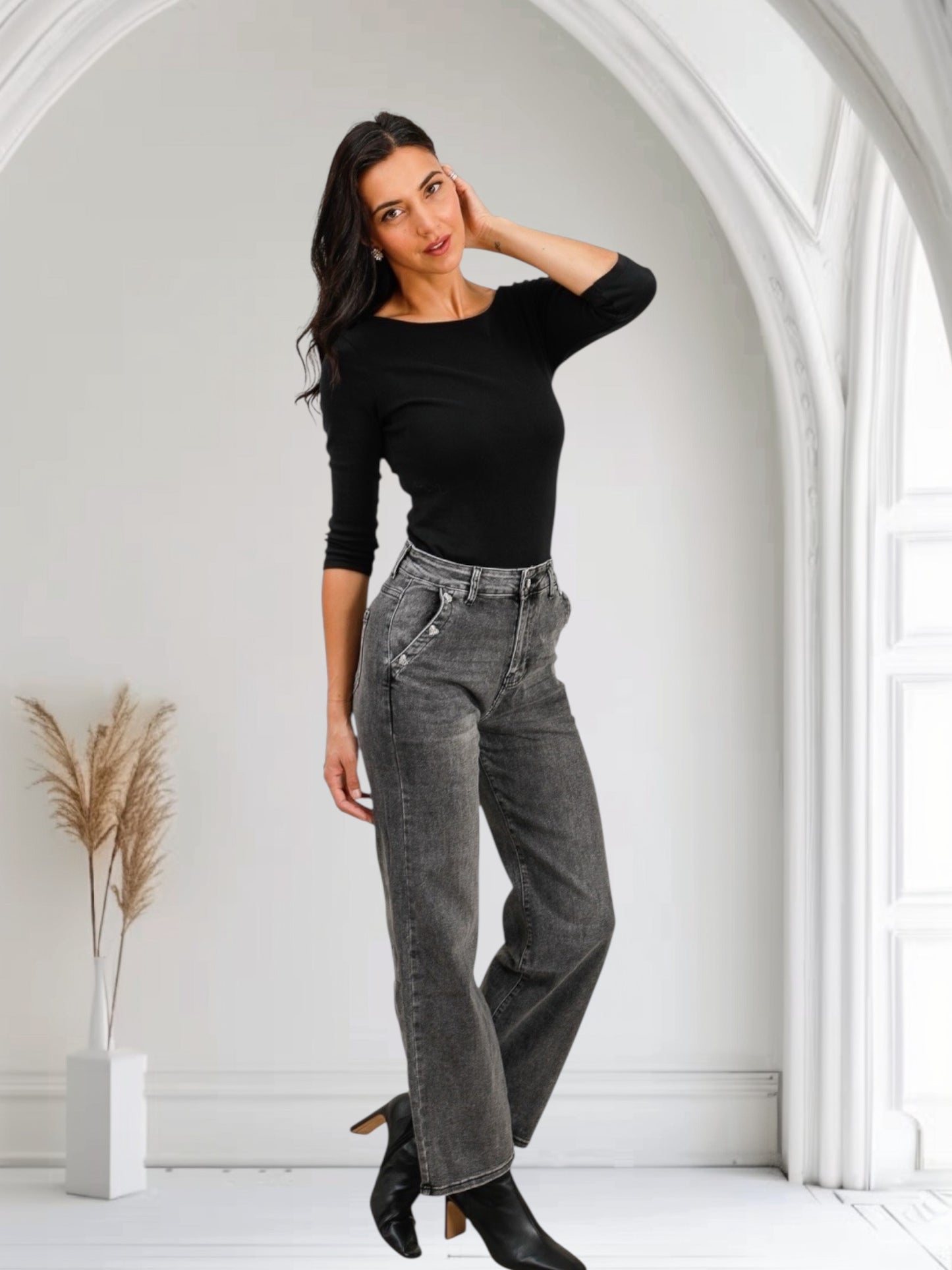 Jean gris wide leg taille haute – Boutons strass cœur