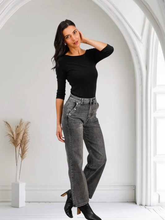 Jean gris wide leg taille haute – Boutons strass cœur